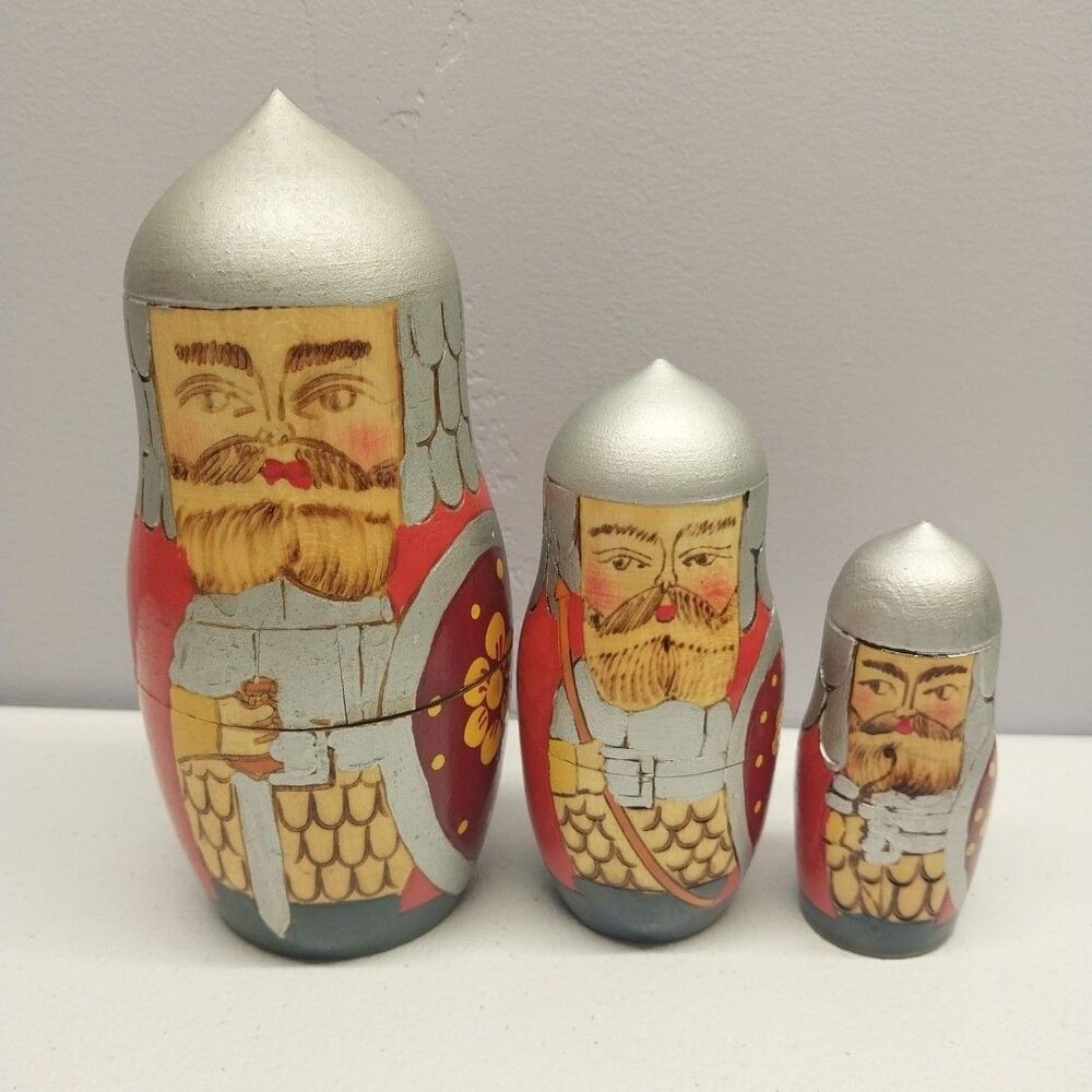 Vintage Russian Warrior Matryoshka Nesting Dolls 3 PC Bogatyr Folk Art Set
